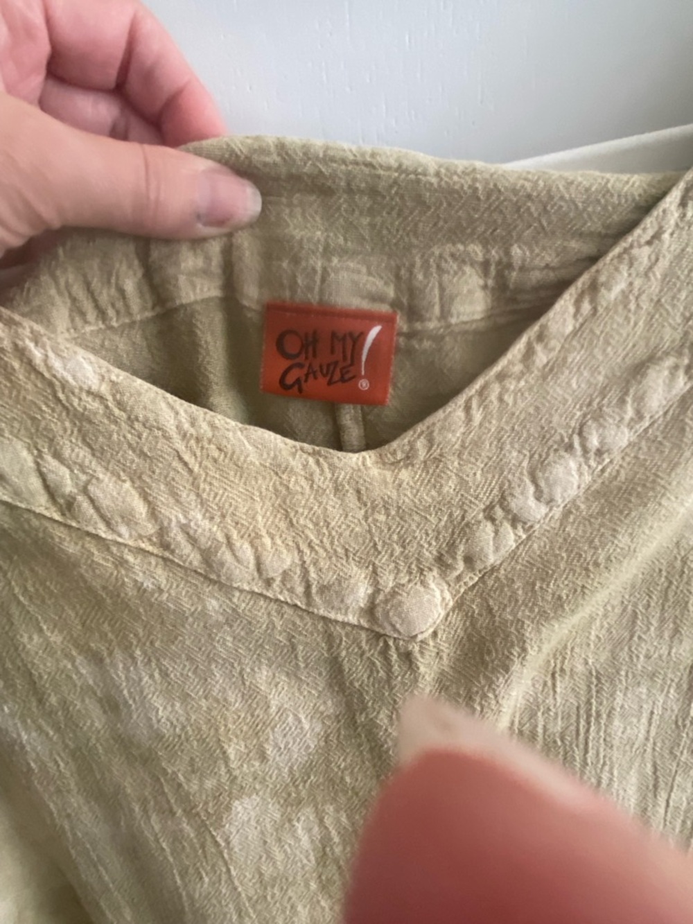Oh My Gauze! Two piece Beige Textured V-Neck Top and wide leg pants. - Picture 4 of 9